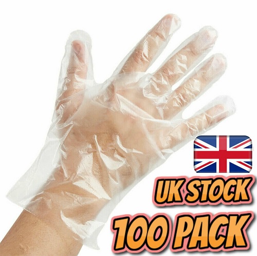 100 Pack Medium Sized Disposable Gloves Clear Plastic Polythene Non-Vinyl/Latex