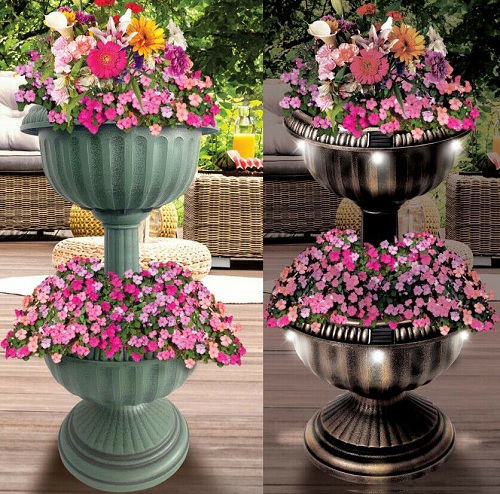 Two Tier Planter|Antique|Antique Bronze|Solar Power Light Option|Flower & Plants