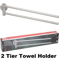 2 Arm Wall Mounted Towel Holder Rack Rail Bar Stainless Steel Swing Swivel Tier