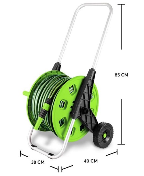 50M Hose Trolley Assembled Cart Hose Reel Cart Trolley Spray Garden Hosepipe with Adjustable Handle Nozzle Wheel Freestanding Outdoor
