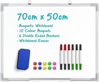 70 x 50CM Magnetic Whiteboard,Wall Hanging White Board with 10 Colour Magnets, 6 Double Ended Market Pens,Whiteboard Eraser, Drawing Memo Notice Board for Office, School