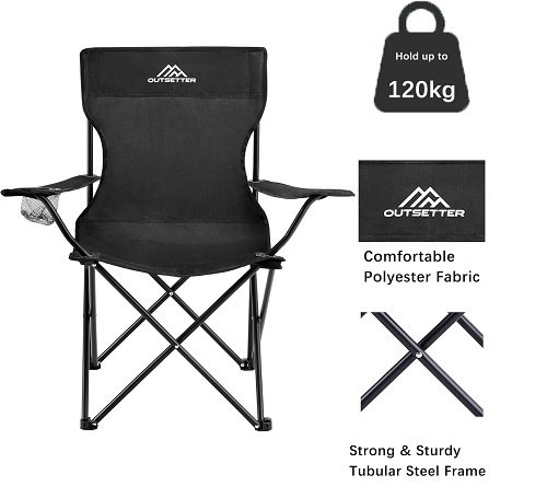 Camping Chair Lightweight Folding Portable Camping Chair with Cup Holder and Side Pocket Outdoor Folding Chair 120kg Capacity Fishing Chair for Outdoor, Fishing, Picnics and Travel Adventures Black