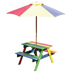 Children's Wooden Rainbow Garden Picnic Table Bench Parasol Set Kids