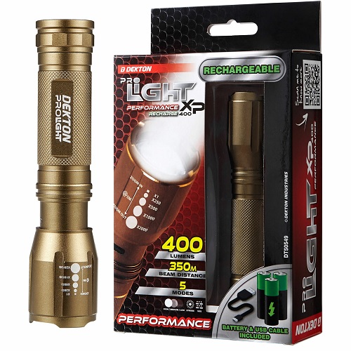 Dekton Pro Light Gold XP COB LED Torch 400 Lumens 350M Rechargeable Batteries