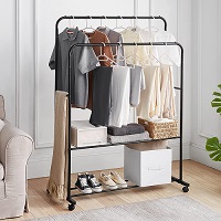 Cr500 Double Clothes Rail Heavy Duty Clothes Rack Double Hanging Rail Clothing Rails with Double Shelf Clothes Hanging Rail with Double Rod and Lower Storage Shelf Black