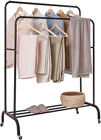 Clothing Double-Rail Clothes Rails Heavy-duty Garment Rack with Shelves on Wheels for Bedroom Black