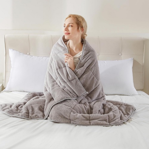 Teddy Fleece Weighted Blanket for Adults Fluffy Quilted Pockets Throw Soft Sherpa Throw Heavy Blanket Winter Sleep Therapy Autism Insomnia Sensory Anxiety Stress Relief Silver Grey, 150 x 200cm - 8kg