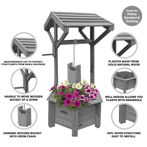 Grey Wooden Wishing Well Garden Planter | Indoor | Outdoor | Solid Natural Wood