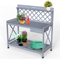 Add a review for: Wooden Garden Potting Table with Drawer and Trellis, Planting Potting Bench Work Station with Hooks and Shelves, Flower Plant DIY Workstation for Patios,