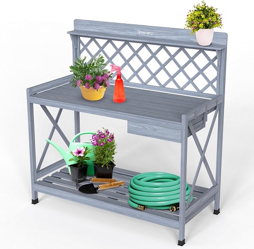 Wooden Garden Potting Table with Drawer and Trellis, Planting Potting Bench Work Station with Hooks and Shelves, Flower Plant DIY Workstation for Patios,