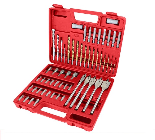 HSS Drill Bit Set 57PCs Titanium Coated Masonry Wood Screwdriver Bits Nuts +Case