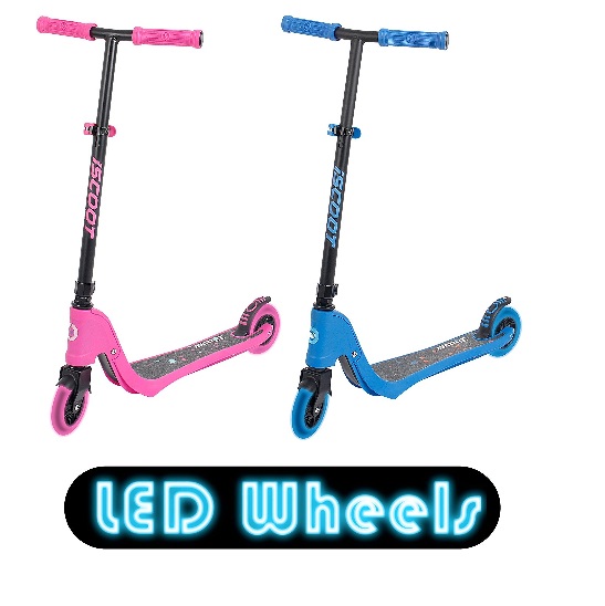 iScoot X10 Neon Blue Light Weight Kick Scooter with Light Up LED Wheels T-Bar Bobbi Board for Boys/Girls/Children/Kids - Ages 5-12 