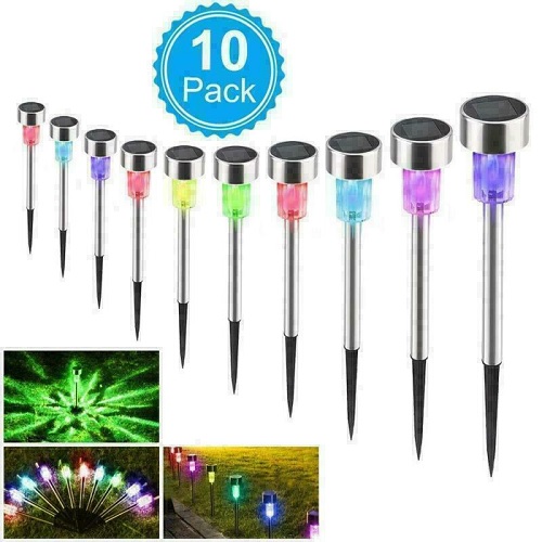 10 Pack Stainless Steel Solar LED Light Multi Colour Outdoor Garden Lighting