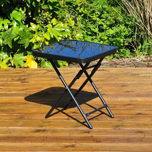 Garden Furniture Glass Top Side Table Patio Rattan Foldable Drinks Coffee Black