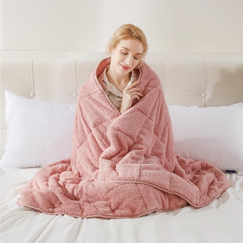 Teddy Fleece Weighted Blanket for Adults Fluffy Quilted Pockets Throw Soft Sherpa Throw Heavy Blanket Winter Sleep Therapy Autism Insomnia Sensory Anxiety Stress Relief Blush Pink, 125 x 150cm - 4kg