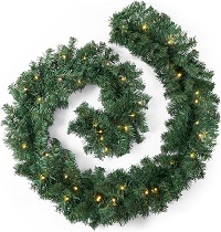 2.7m Christmas Garland Decorations, 9FT Green Garland Illuminated with 30 Warm LED Lights, Garland Artificial Greenery Holiday Decor for Indoor Outdoor