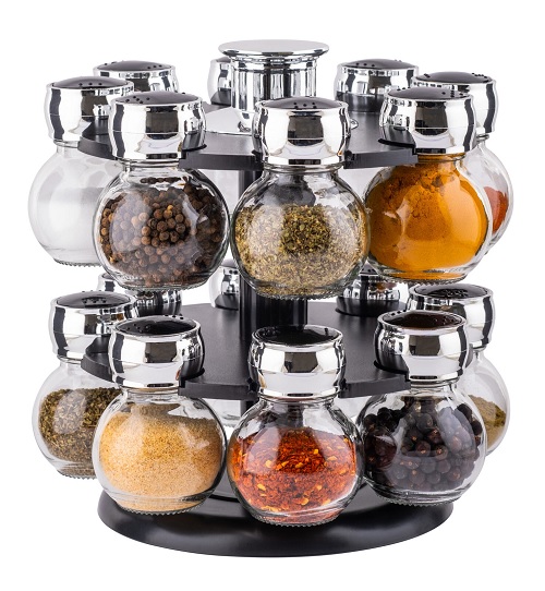 16 Jar Revolving Spice Rack with Glass Bottles - Rotating for Herbs and Spices