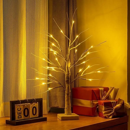 Set of 2 Small Birch Twig Tree Pre-Lit Twig Tree with 24 Warm White LEDs USB & Battery Operated Tabletop Decorative Festive Tree Decoration for Easter Xmas Home Party Wedding Christmas (60cm/2ft)