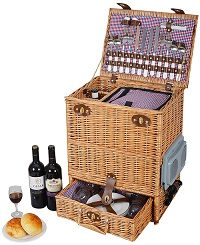 Vivo Country© Ultimate Luxury 4 Person Natural English Willow Picnic Basket / Hamper "Easy to Carry" with Telescopic Handle with inbuilt car powered cooler