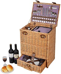 Vivo Country © Ultimate Luxury 4 Person Natural English Willow Picnic Basket / Hamper "Easy to Carry" with Telescopic Handle