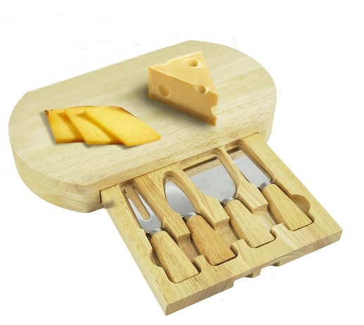 ViVo© 2016 Model Slide Out Drawer Wooden Cheese Board & Cutter Service Set with Specialist Cutters Stilton Cutter, Cheddar Cutter, Hard Cheese Cutter and Cheese Fork 